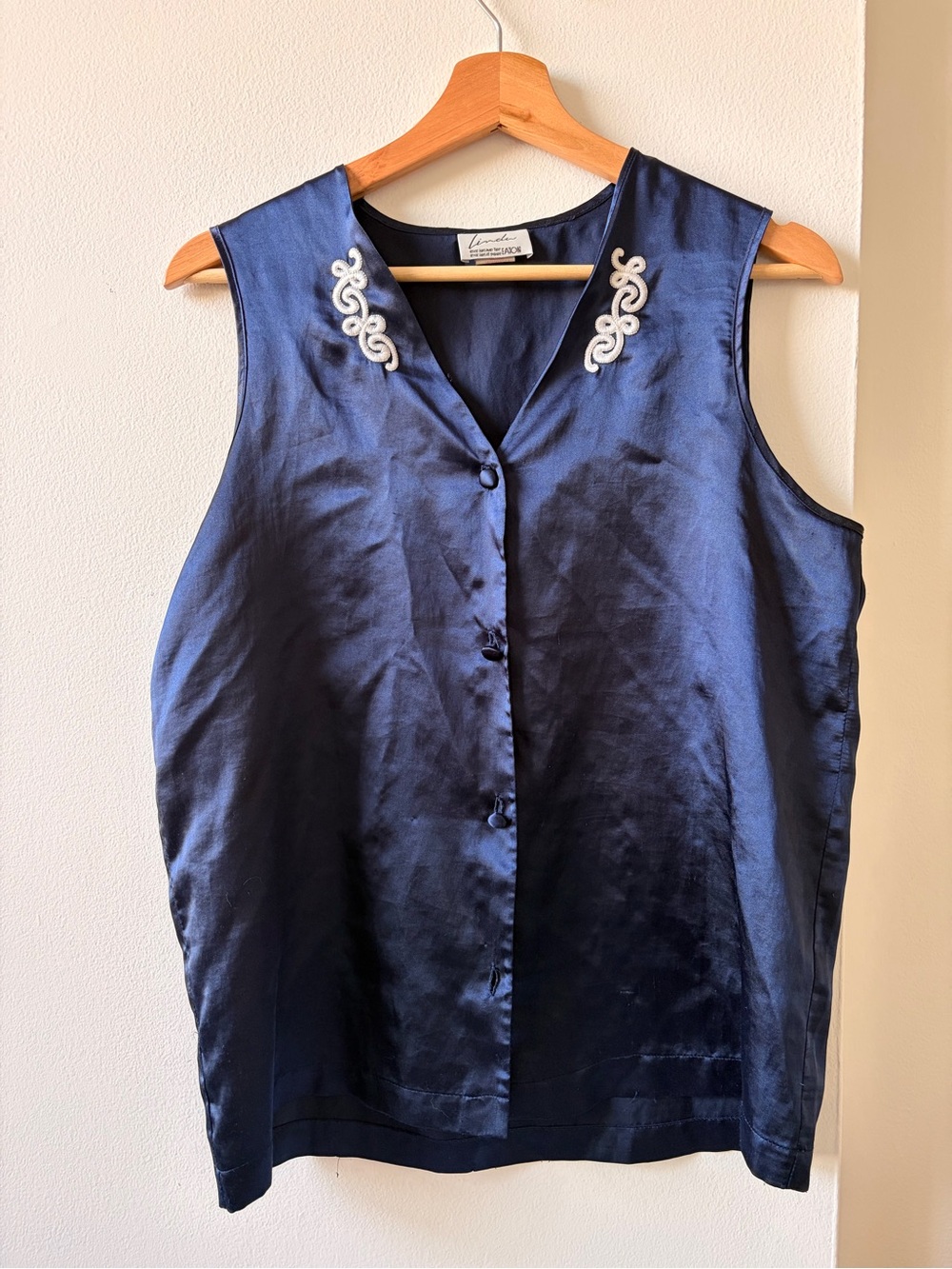 Vintage Navy Blue Embroidered Satin Feel Button Up Top Coastal Cowgirl
